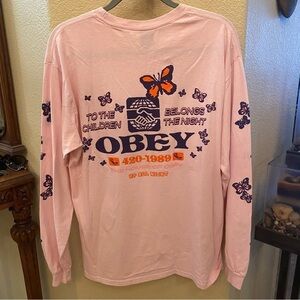 OBEY Pink Butterfly Graphic Long Sleeve Top Size Large